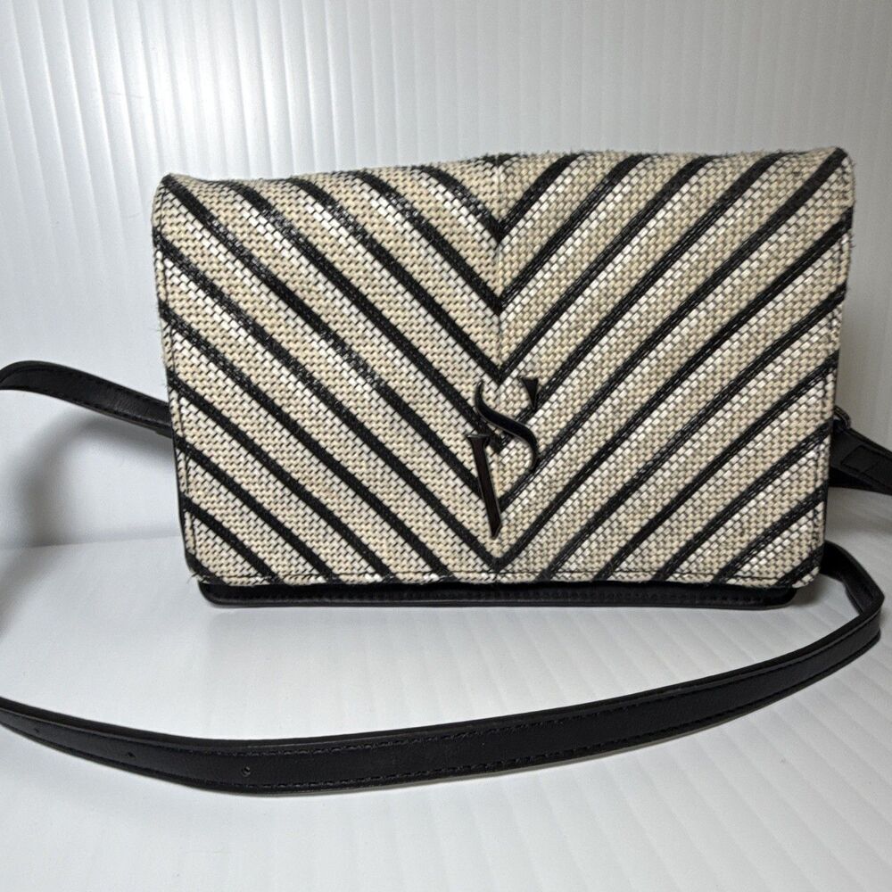 Simply Vera Vera Wang Black Ivory Striped Shoulder Bag Chain Accent Logo